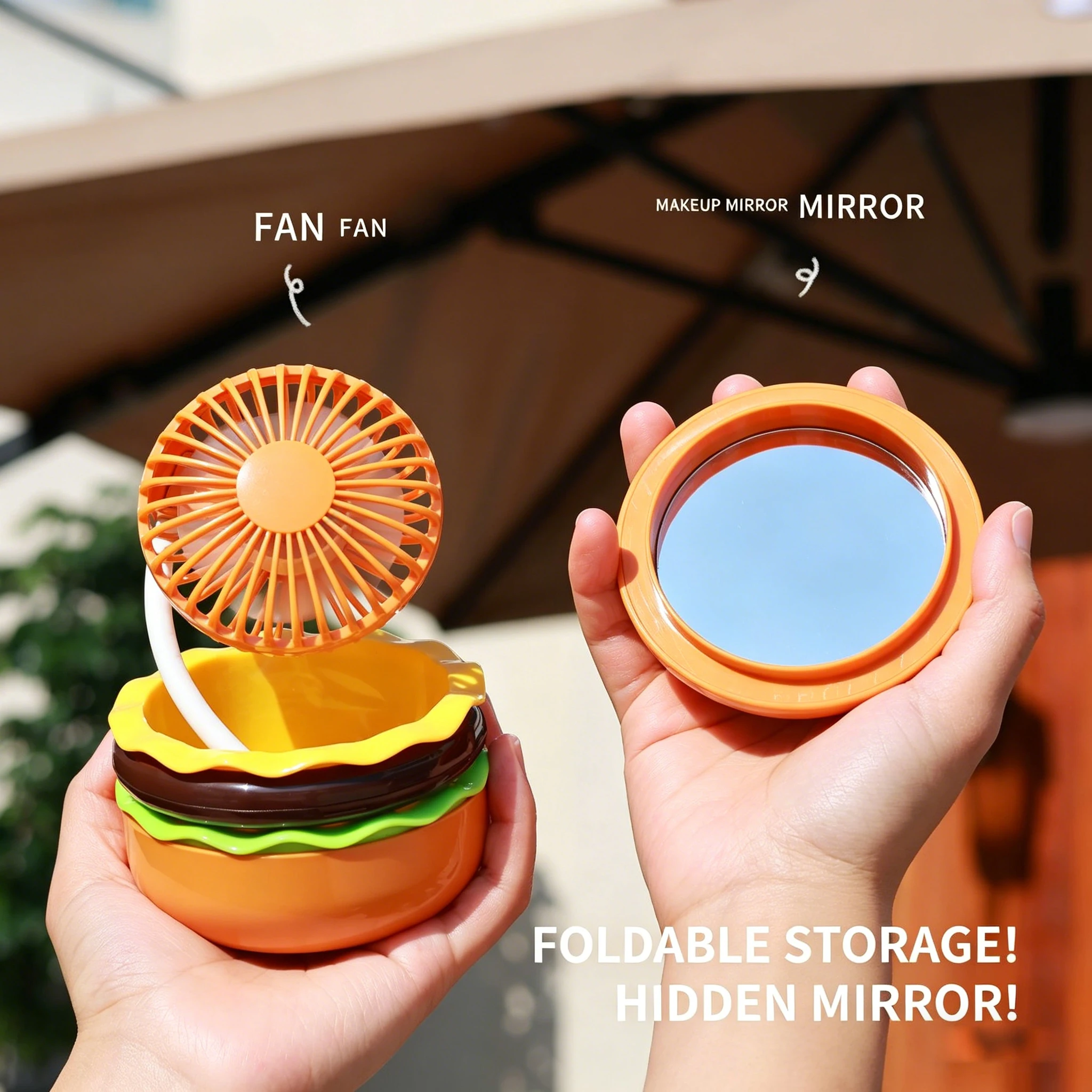 Hamburger Mini Fan USB Rechargeable with Makeup Mirror Cartoon Desk Fan Makeup Mirror Creative Cooling Fan for Student Girl Frie