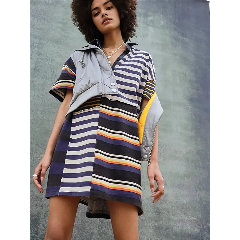 ABP-Women Contrast Striped Babydoll Y2k Summer Patchwork Mini T- Shirt Vintage V Neck Short Sleeve Dress