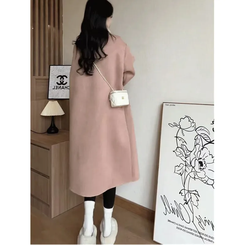 Single Breasted Faux Lamb Fur Coat for Women, O-Neck Long Jacket,Thick Warm Clothes,England Style,Autumn and Winter