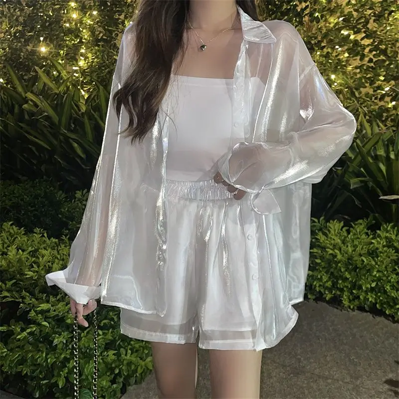 Summer New POLO Collar Fashion Long Sleeve Thin Shirt Women Solid Color Button Patchwork Cardigan All-match Sunscreen Clothing