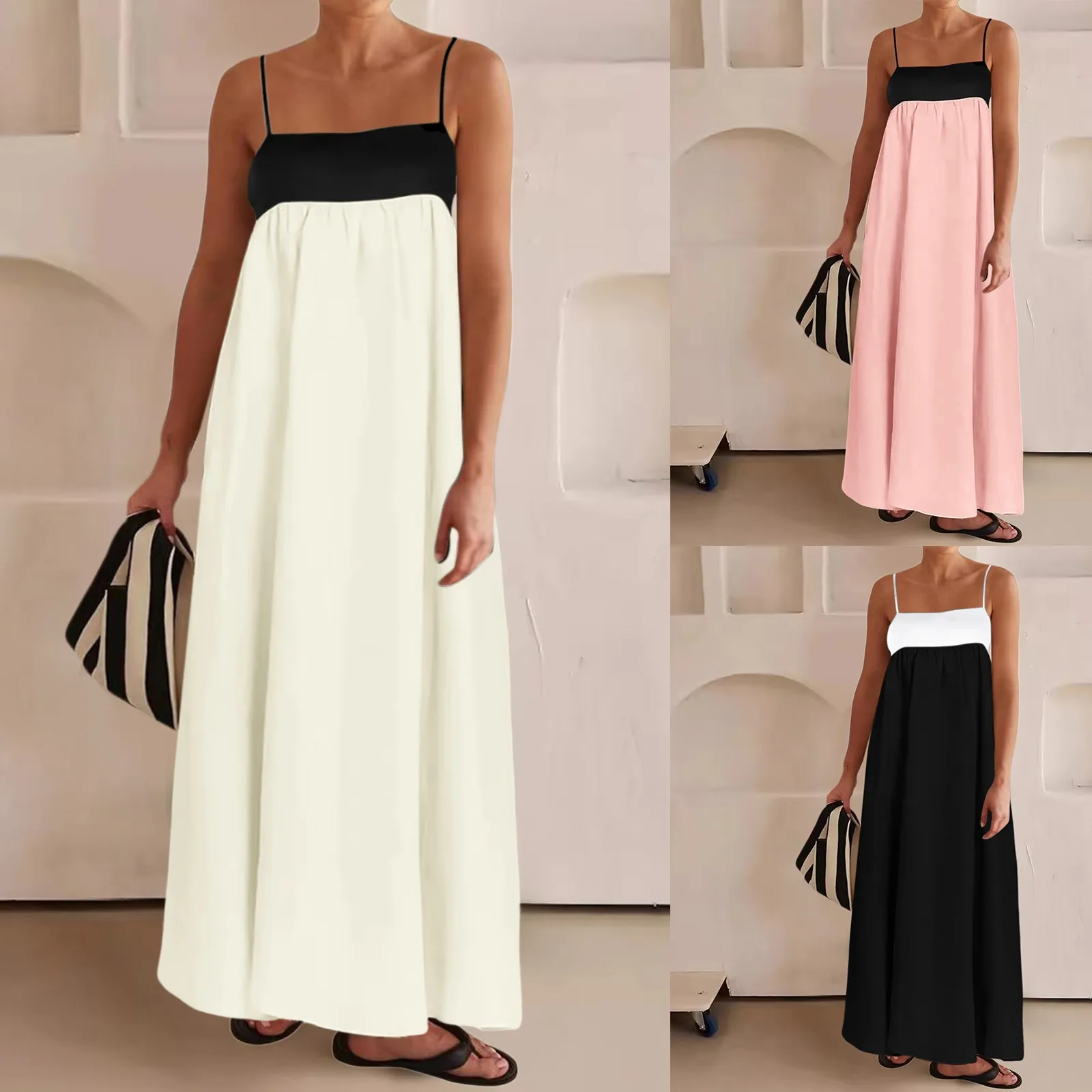 

2024 Women'S Long Dress Contrast Trims Straps Summer Clothes Fashion Sleeveless Travel Skirts Casual Soft Maxi Dresses For Women