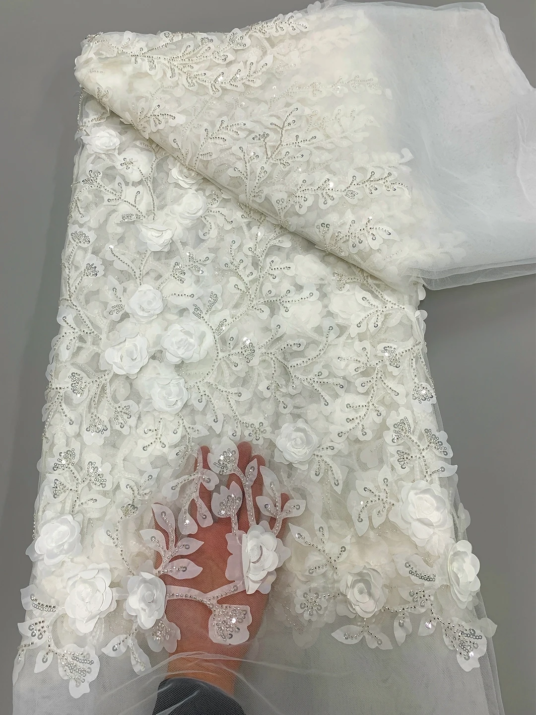 Pure White Nigerian Luxury 3D Applique Tulle Lace Fabric 2024 African Handmade Sequins Net Lace Fabric For Woman Wedding Dresses