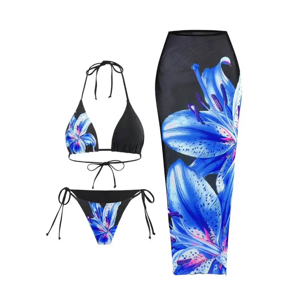 Cikini 3pcs/Set Summer Swimwear Featuring Spaghetti Strap Triangle Top, Tie-Side Bottoms, And Long Mesh Skirt