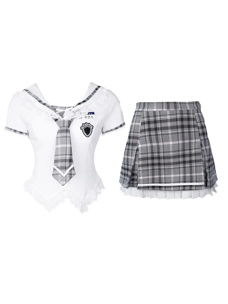 Summer 2024 Sweet Preppy Style 2 Piece Set Women Office Lady Eleagnt Slim Tops + Y2k Cute Plaid Mini Skirt Japanese Kawaii Suit