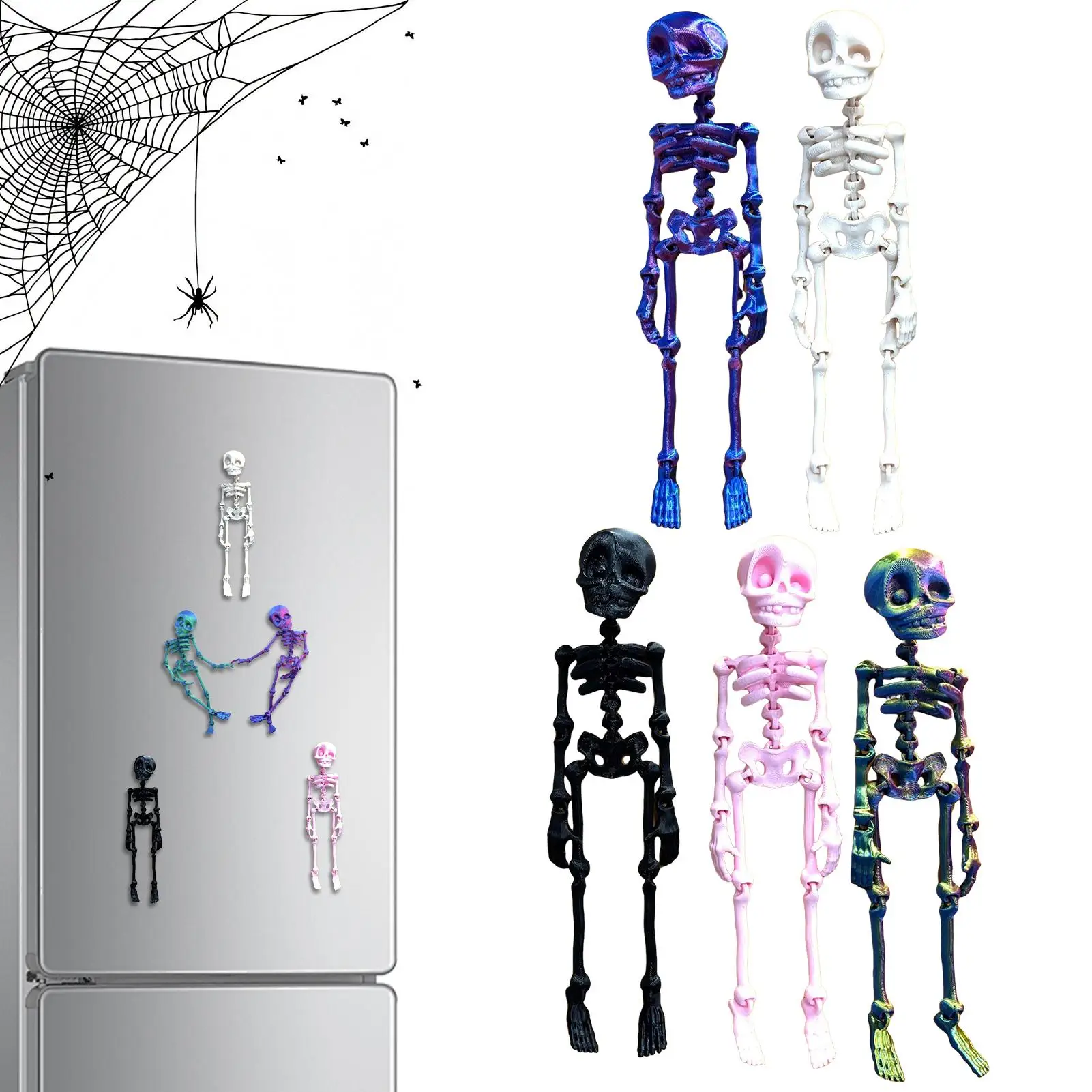 

Skeleton Fridge Magnets - 5PCS 3D Printed Poseable Skull Magnets with Movable Joints, Halloween Decor for Refrigerator, Cabinet
