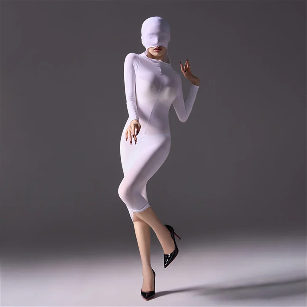 Women High Elastic Dresses Tight Pencil Long Sleeved Dress Mask Cover Head Sexy Bodycon Dress Nightclub DJ Cos Maid Wear Dress