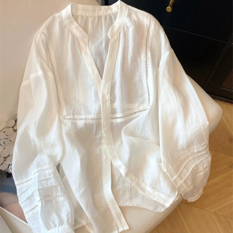 

Chinese Style Women's Blouses Solid Vintage Shirts Fashion Loose White Summer Clothing Long Sleeved Cotton Linen Women Tops
