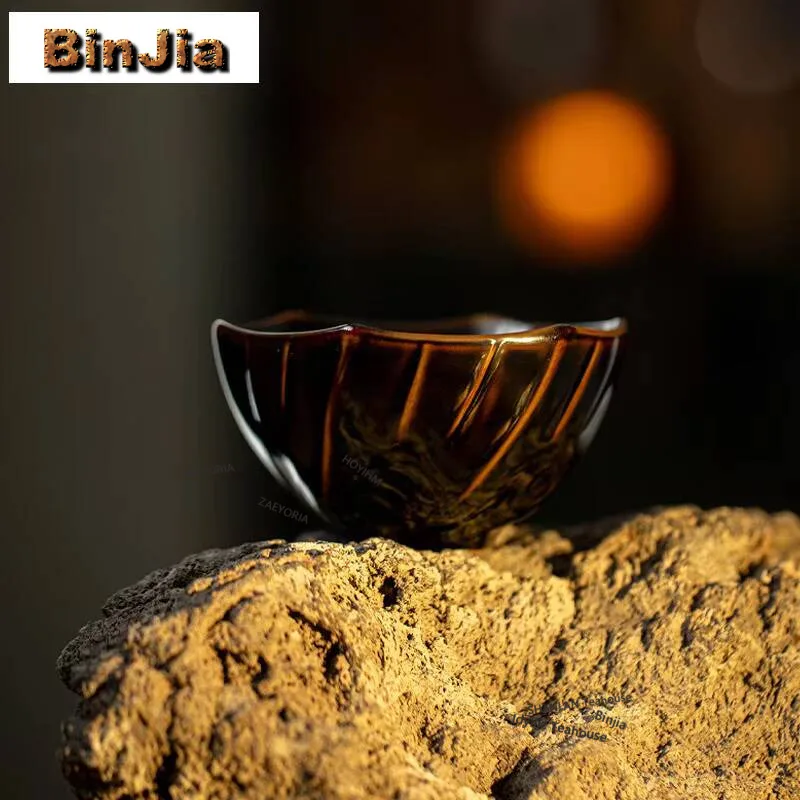 100ml Black Gold Black Glaze Flower Mouth Teacup Zen Tea Bowl Cute Cup Tea-tasting Meditation Cup Jianzhan Master Cups Drinkware