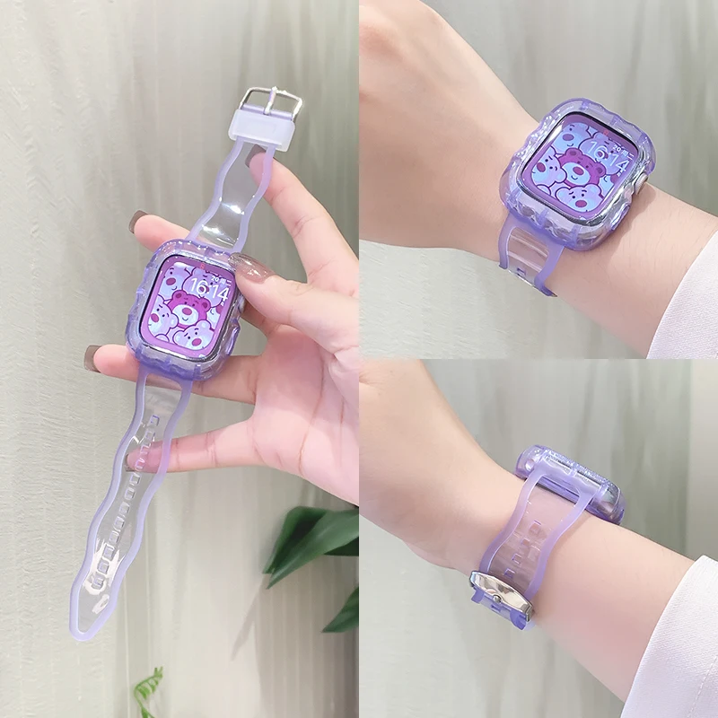 Clear Glitter Strap For Apple Watch Band 44mm 40 45 41 42 38mm Protective Case iWatch 8 Ultra 7 SE 3 5 6 Wave Silicone Bracelet