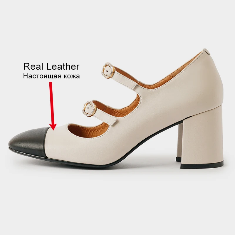 JOZHAMTA Size 34-39 Women Pumps Real Leather Buckle Strap Elegant Chunky High Heels Shoes 2025 Spring Lolita Office Work Dress