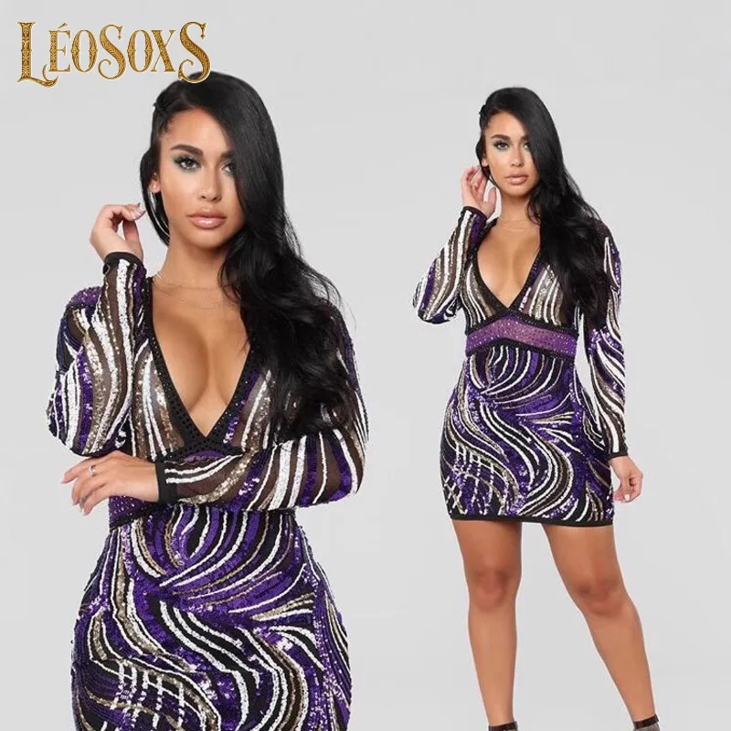 

LEOSOXS 2025 женское новое платье знаменитостей с длинным рукавом и v-образным вырезом, блестящие блестки, фиолетовое платье, элегантный вечерний клубный наряд для вечеринки