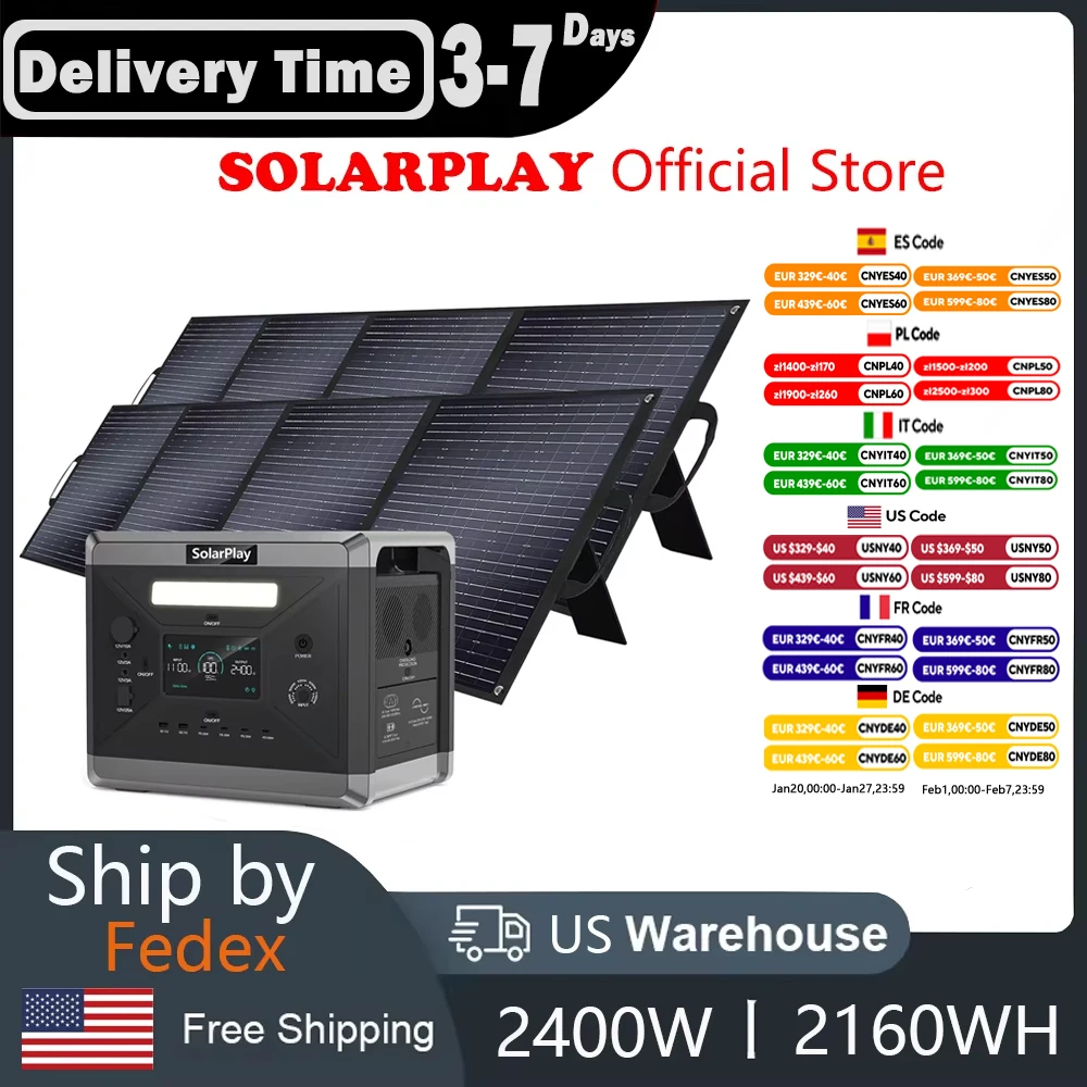 2400W/2160Wh Portable Power Station With Solar Panel Solar Generator with 4 AC Outlets (4800W Peak) Power Generator For Home Use