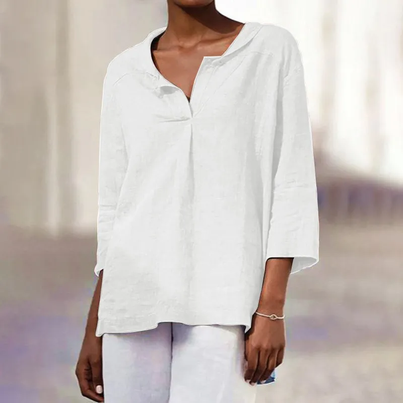 

Retro Style Casual Women's Shirt Asymmetrical Hem Seven Sleeve Basic Model Cotton Fabric Slim Fit Shoulder PaddeD Shirt