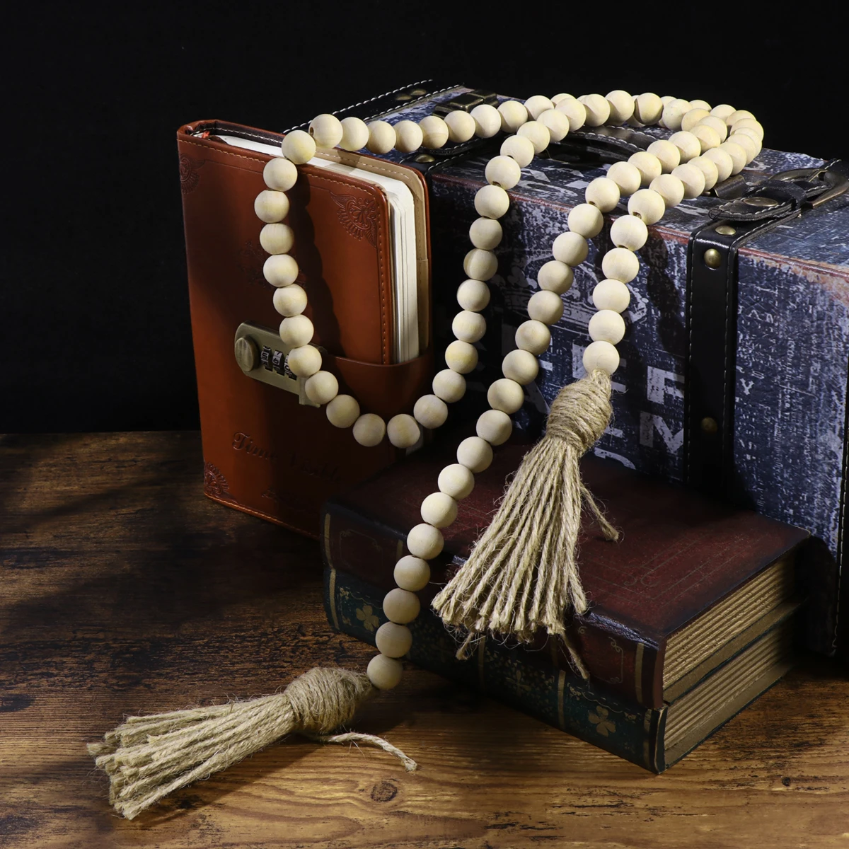 

Wooden Bead Garland Decorative Tassels Farmhouse Home Decor Wall Hanging Rustic Style Room Accent Country Theme