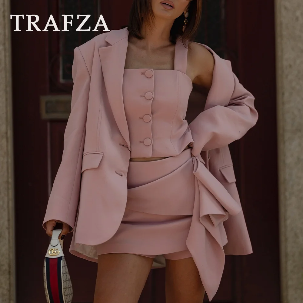 TRAFZA 2024 primavera estate Solid Office Lady Suits Fashion Shrug blazer monopetto + gilet corti Slim + pieghe Mini gonne corte