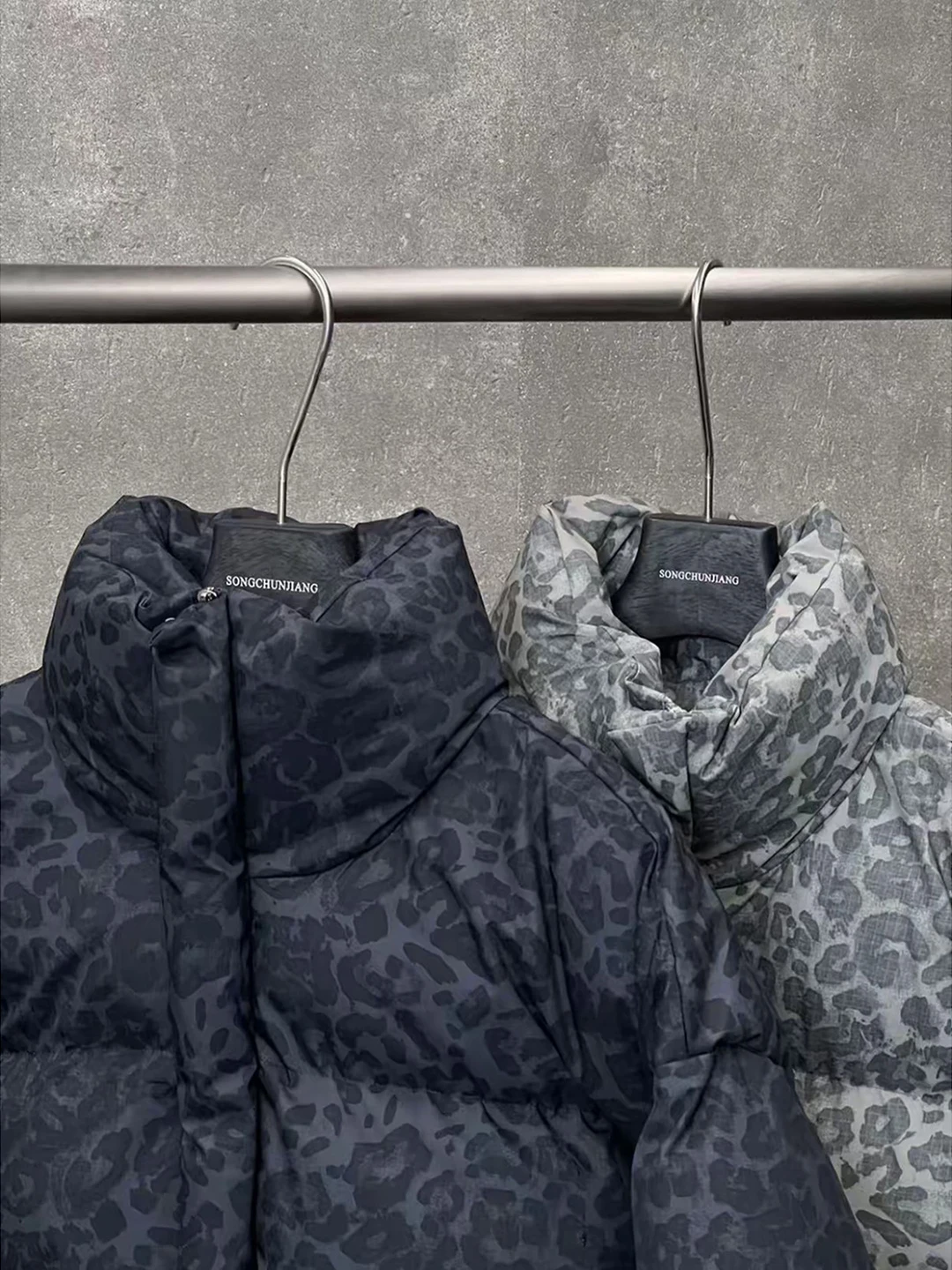 Men's Thiened Winter Cotton Jaet Bla Leopard Print Stand Collar Warm Bread Sle Coat American Retro Casual Outerwear