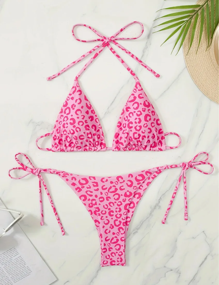مثير الوردي ليوبارد طباعة مايكرو البيكينيات مجموعات قطعتين الرسن التعادل المايوه بحر المايوه ملابس السباحة biquini Tankini