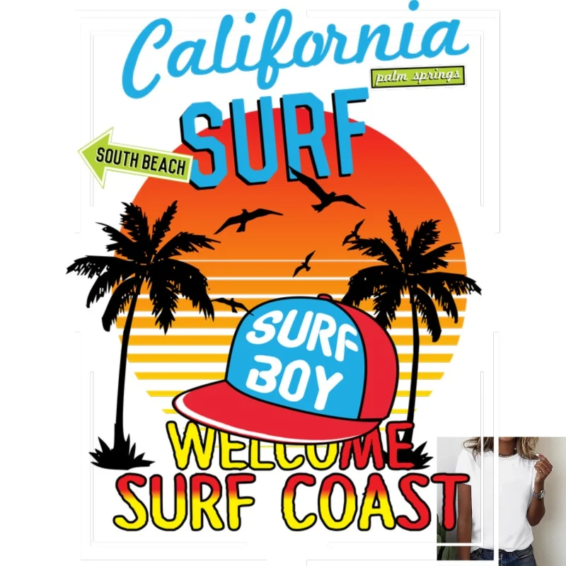 California Surf Theme Heat Transfer White Ink Iron - on Patch, Coconut Tree Sunset Surf Boy Hat Pattern, Suitable for T -