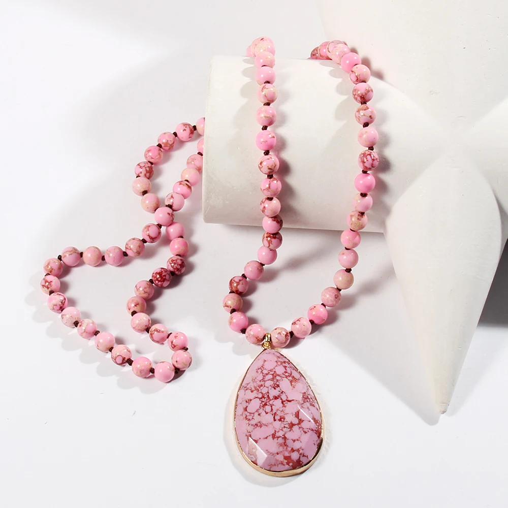 Fashion Lover Gift Lady Bohemian Jewelry Natural Gemstone 8mm Pink Imperial Stone Knotted Faced Drop Pendant Necklaces