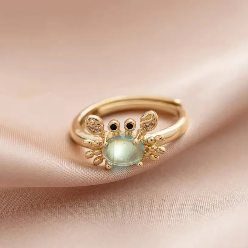 

Moonstone Crab Design Pure Copper Ring Fashionable Personalized Diamond Inlaid Animal Finger Ring Creative Niche Style