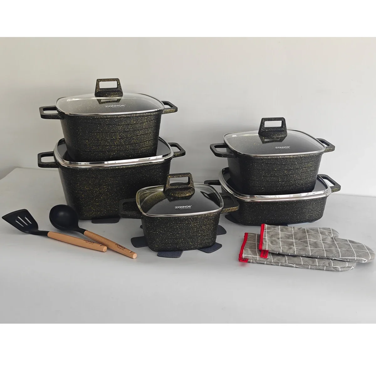Donnor Square Eco-Friendly Granite Non-Stick Cookware Set Die-Cast Aluminum for Gas Induction Heating for Home Cooking