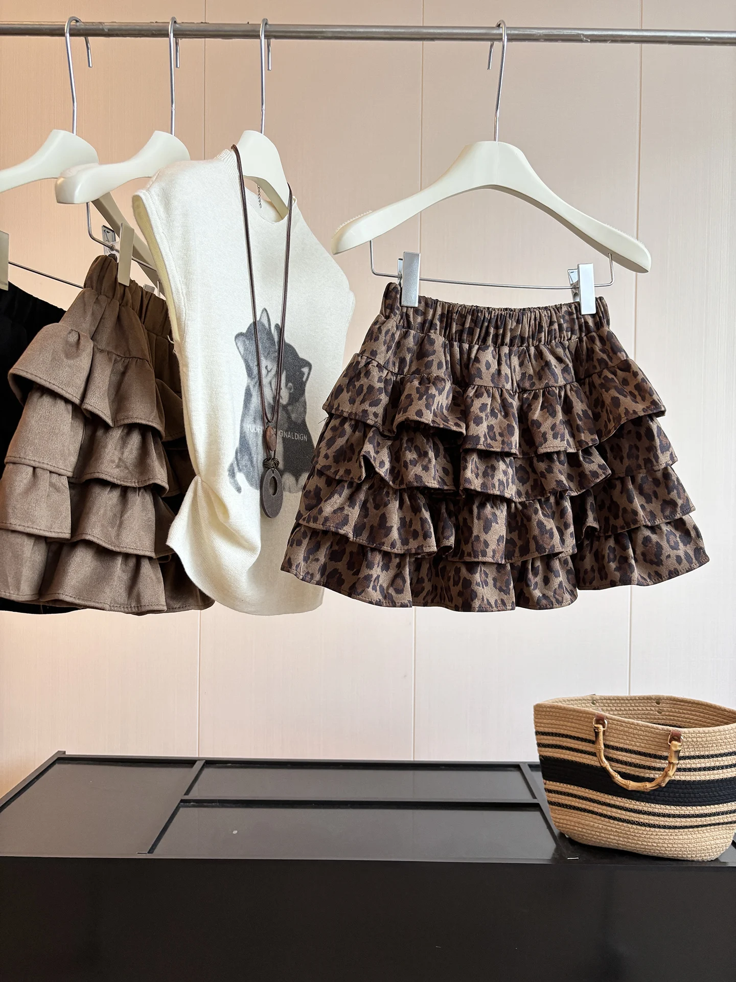 Korean Style Leopard Print Cake Skirt Women's High Waist Multi-Layer Hem Youthful Fluffy Short Skirt Autumn Suede Half Skirt