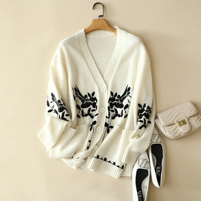 masigoch europe winter new loose chic embroidery outerwear 7gg 6ply luuxry 100% cashmere cardigan coat