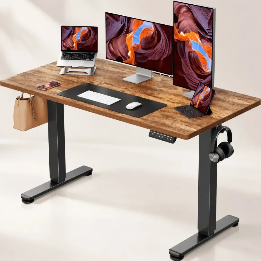 Height Adjustable Electric Standing Desk 48 x 24 Inches with Memory Function for Home Office Use, Vintage Brown Finish, Sturdy