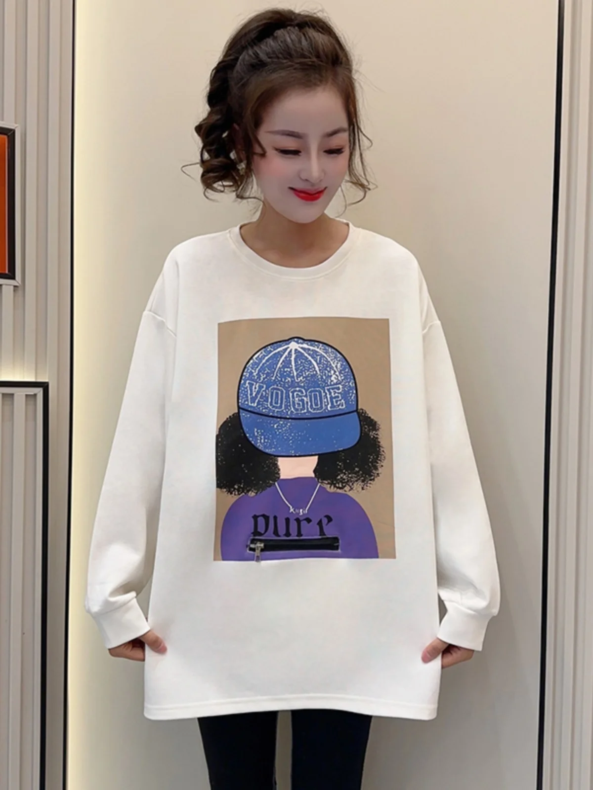 

Loose Fit Long Sve Baseball Cap Girls Printed Cotton T-irt with Zipper ket Autumn New Sle for plus Size Women