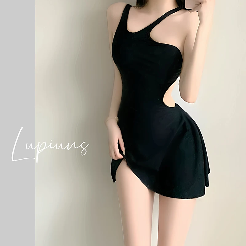 Summer Backless Swimsuit for Women Black Sloping Shoulder One-Piece Skirt Style Swimwear Slim Fit Beach Vacation Bathing Suit