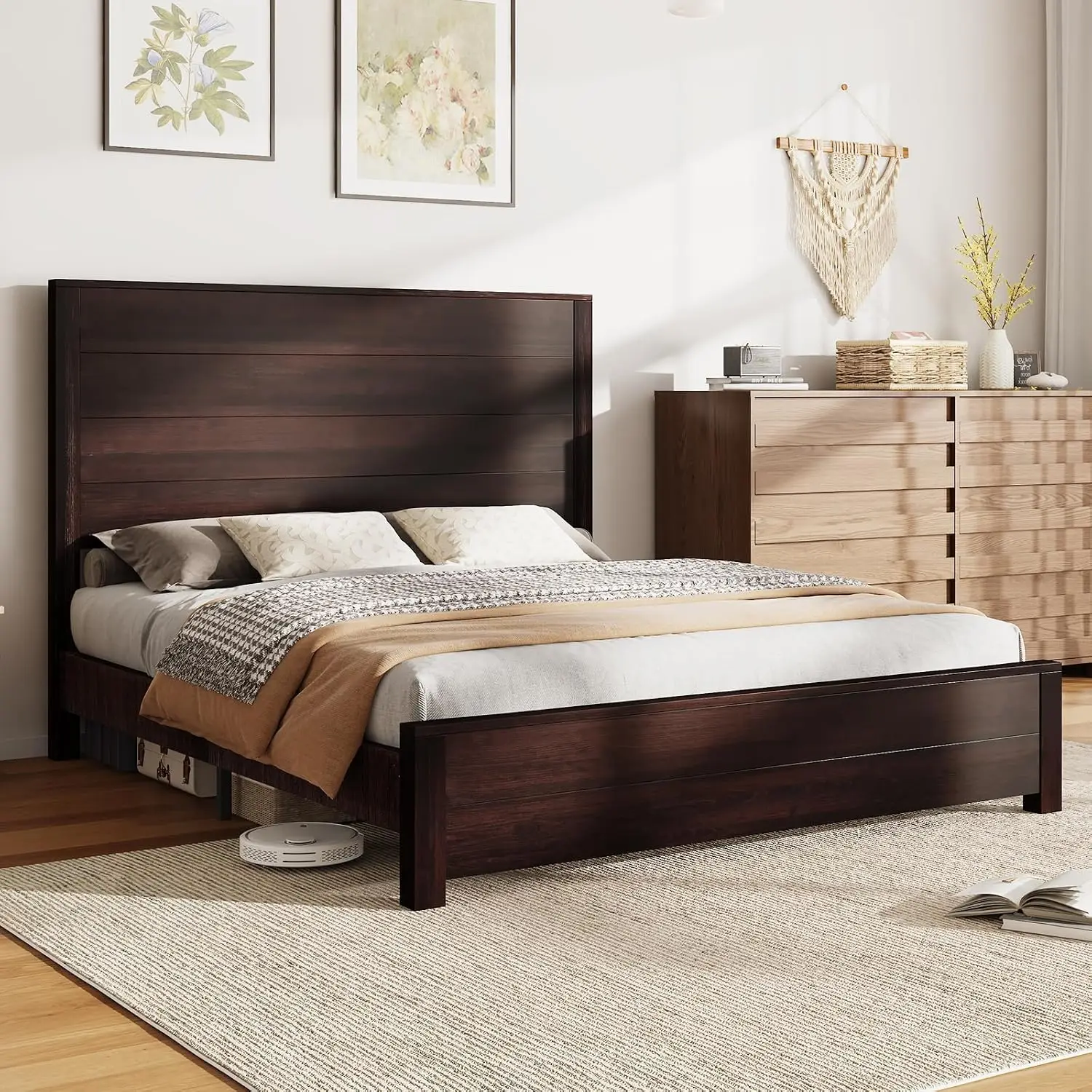 Full Size Wood Platform Bed Frame Farmhouse Style Walnut, Customized