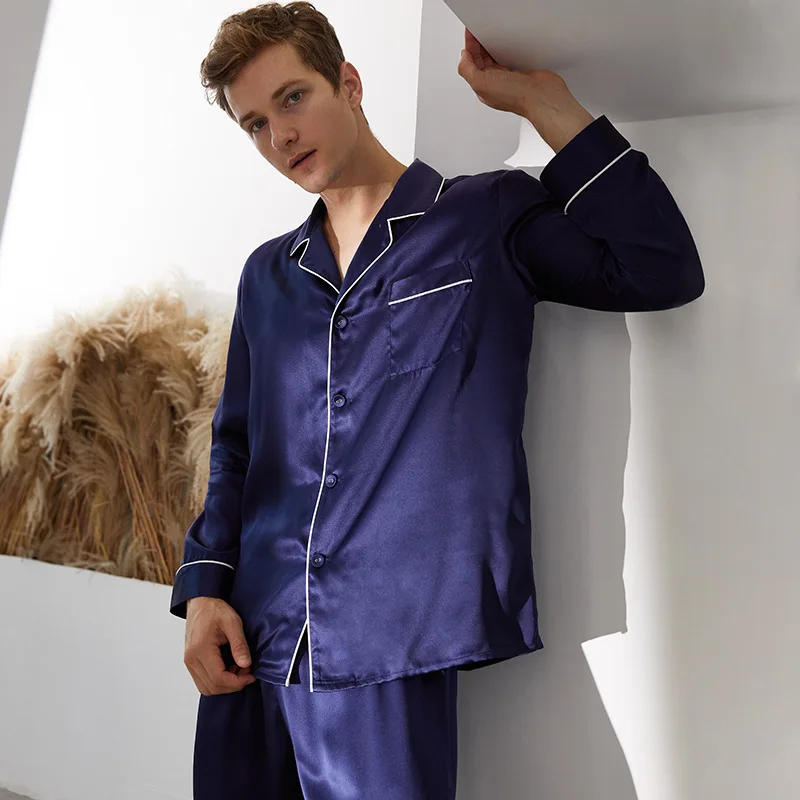 

Men's 100% Mulberry Silk Pajama Set Long Sleeve Trousers Silk Pants for Summer Breathable Home Clothes Couple Suitable Wholesale
