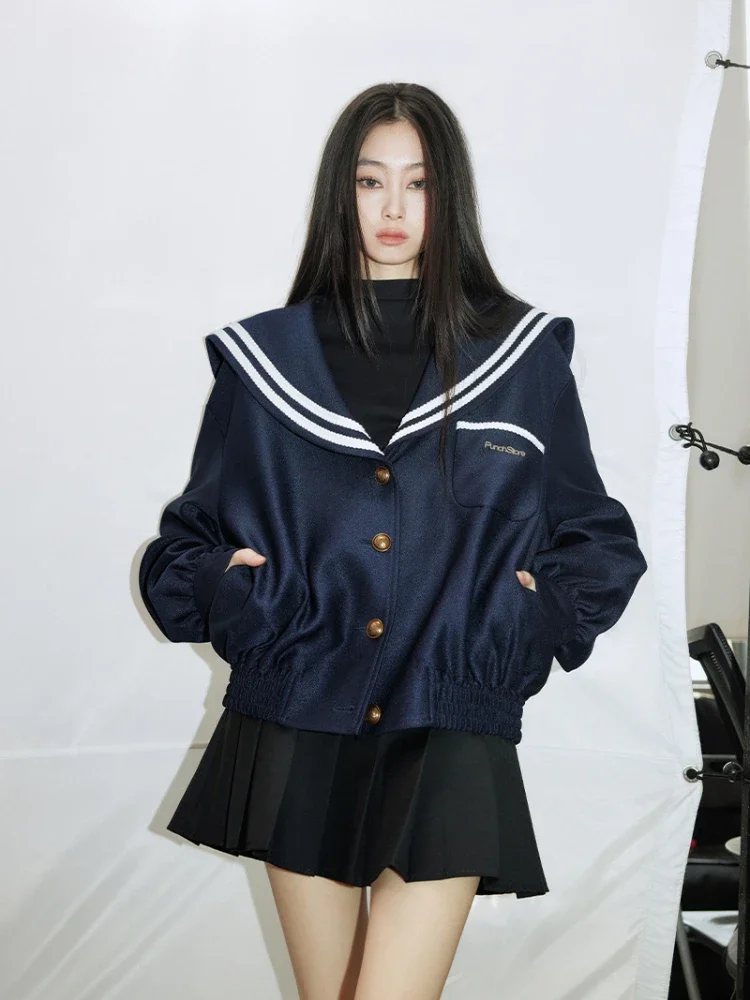 

ADAgirl Vintage Sailor Collar Jacket Women Patchwork Long Sleeve Oversize Coat Preppy Style Uniform Old Money Aesthetics Outfits