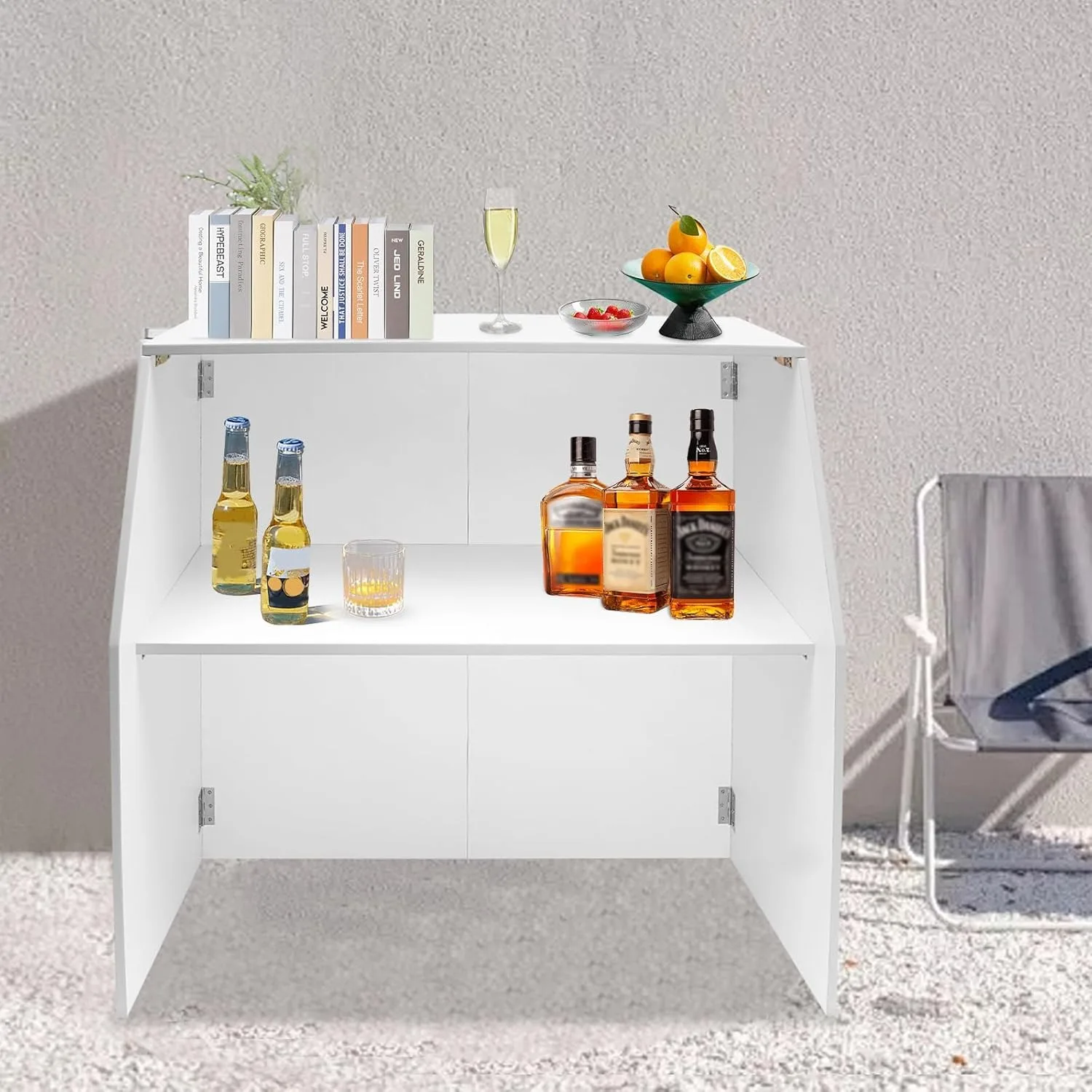 Folding Portable Event Bar with Top and Middle Shelves,47.75*19.5*42.75in Foldable Portable Bar Cabinet Mobile Bartender Station
