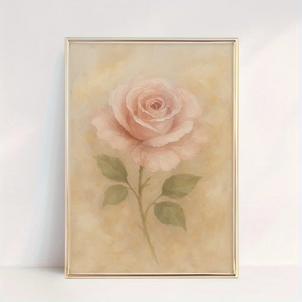 2D Flat, 1pc Unframed Vintage Blush Rose Canvas Print Wall Art - Vertical Floral Painting with Soft Pastel Tones, High-Qualit