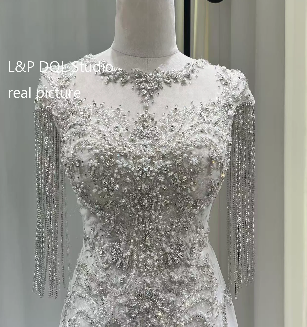 Luxury Mermaid Wedding Dress Real Pictures Major Beading with Crystal Beads Scoop Lace-up Back Tulle with Lace L&P DQL Studio