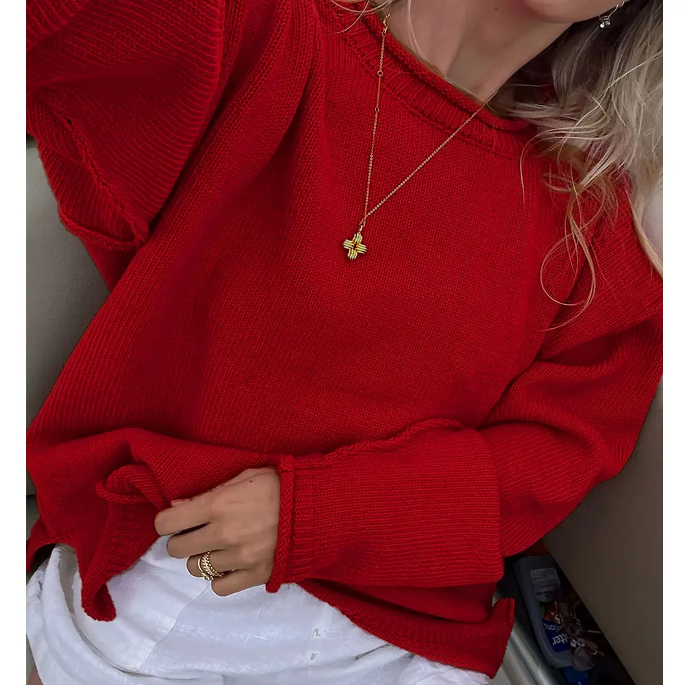 

Women Autumn y2k Vintage Oversized Sweaters Solid Elegant Long Sleeve O-neck Loose Pullover Knitted Basic Soft Jumper Tops