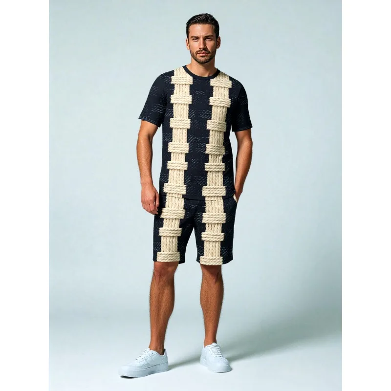 2025 Summer Personalized 3D Printed Round Neck Short Sleeved T-shirt and Shorts Set for Men's Daily Leisure Sports Street Travel
