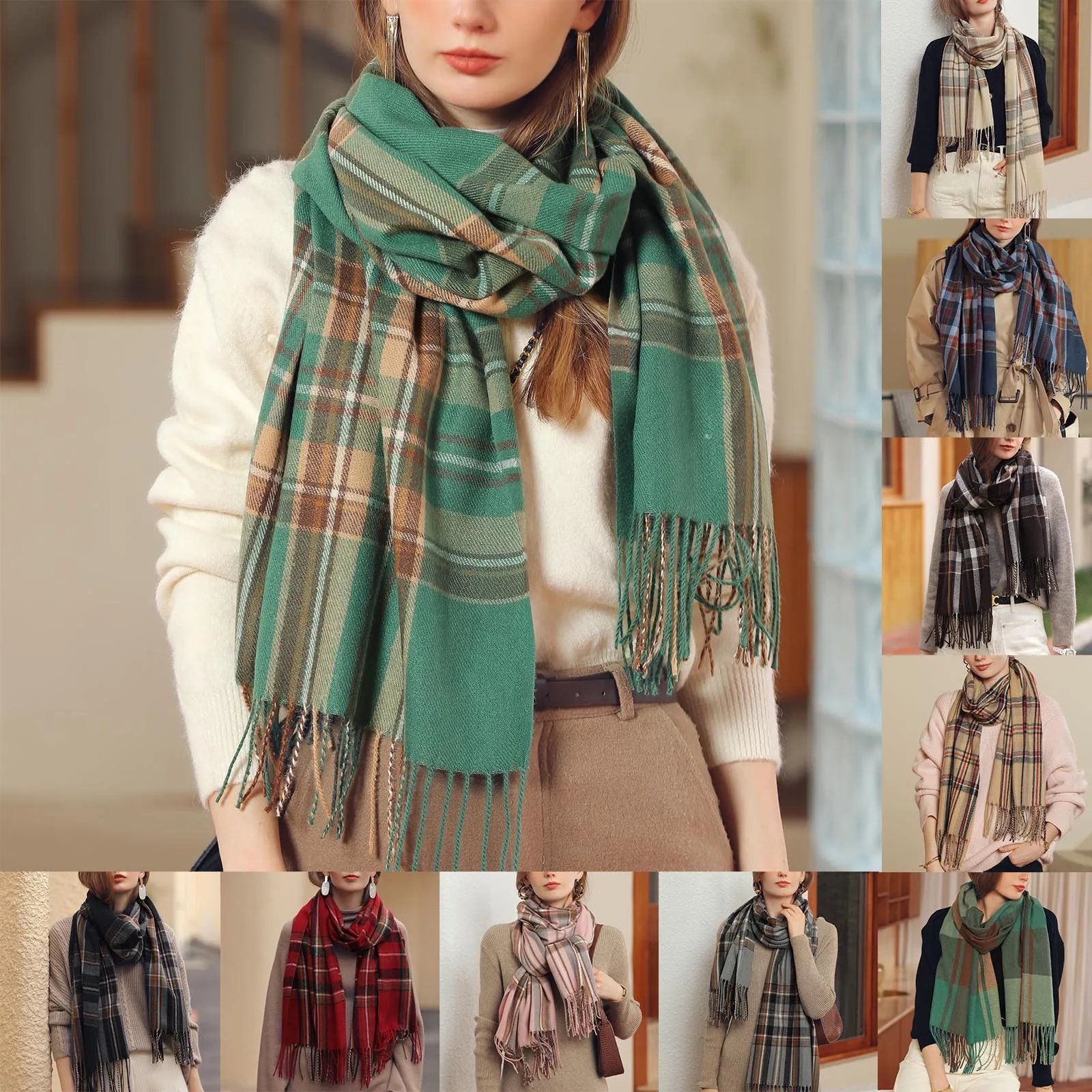 

New Cashmere Women Scarf Lady Winter Vintage Plaid Fringed Scarve Pashmina Mujer Foulard Bufanda Thick Wrap famale Shawl Hiver