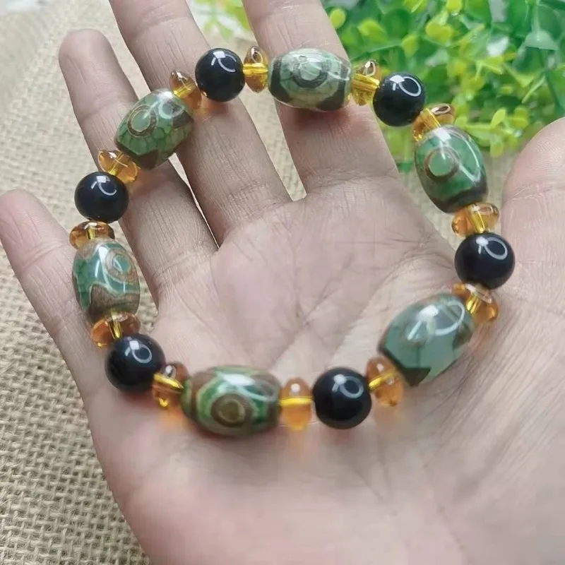 

Old Dzi Bead Agate Bracelet, Antique Three-eye Dzi Bead Bracelet for Men and Women