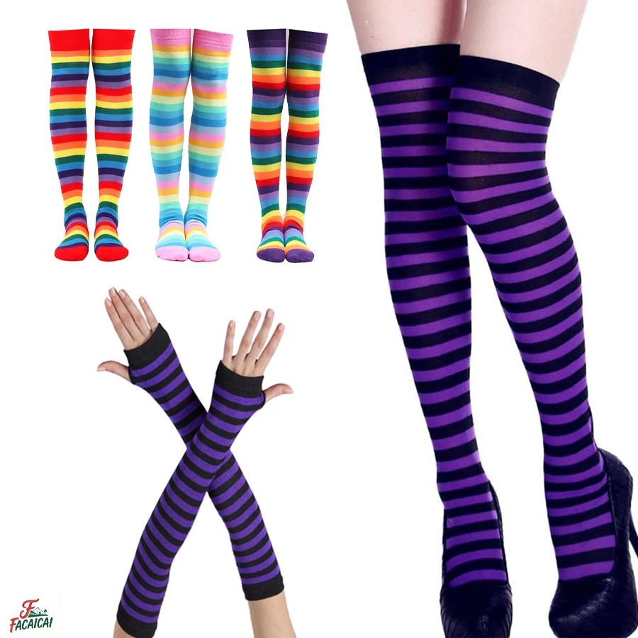 

Tow-Piece Set Women Girls Sweet Cute Plus Size Over Knee Long Stripe Printed Thigh High Cotton Rainbow Socks Arm Sleeve Gloves