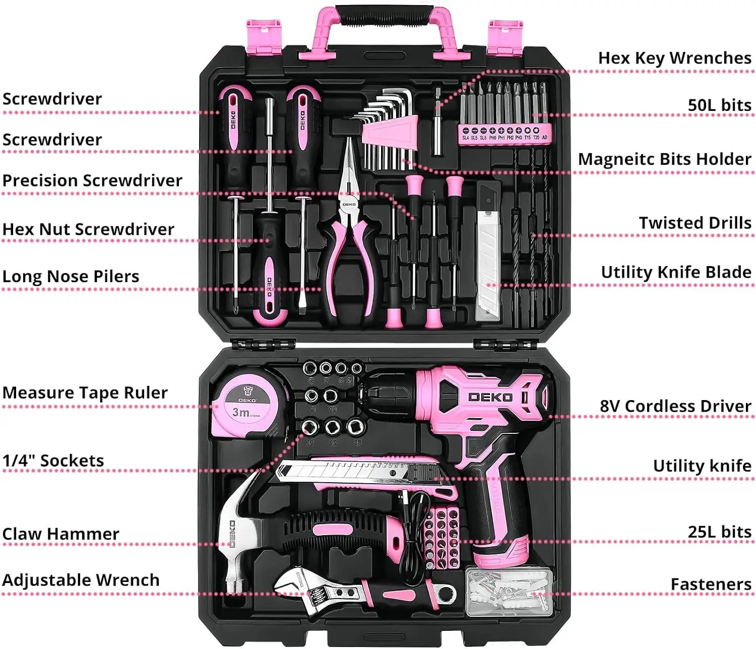 Drill Set: Tool Set with 8V Pink Cordless Drill, Home Tool Kit with Drill, Hand Tool Kits for Women 126 Piece