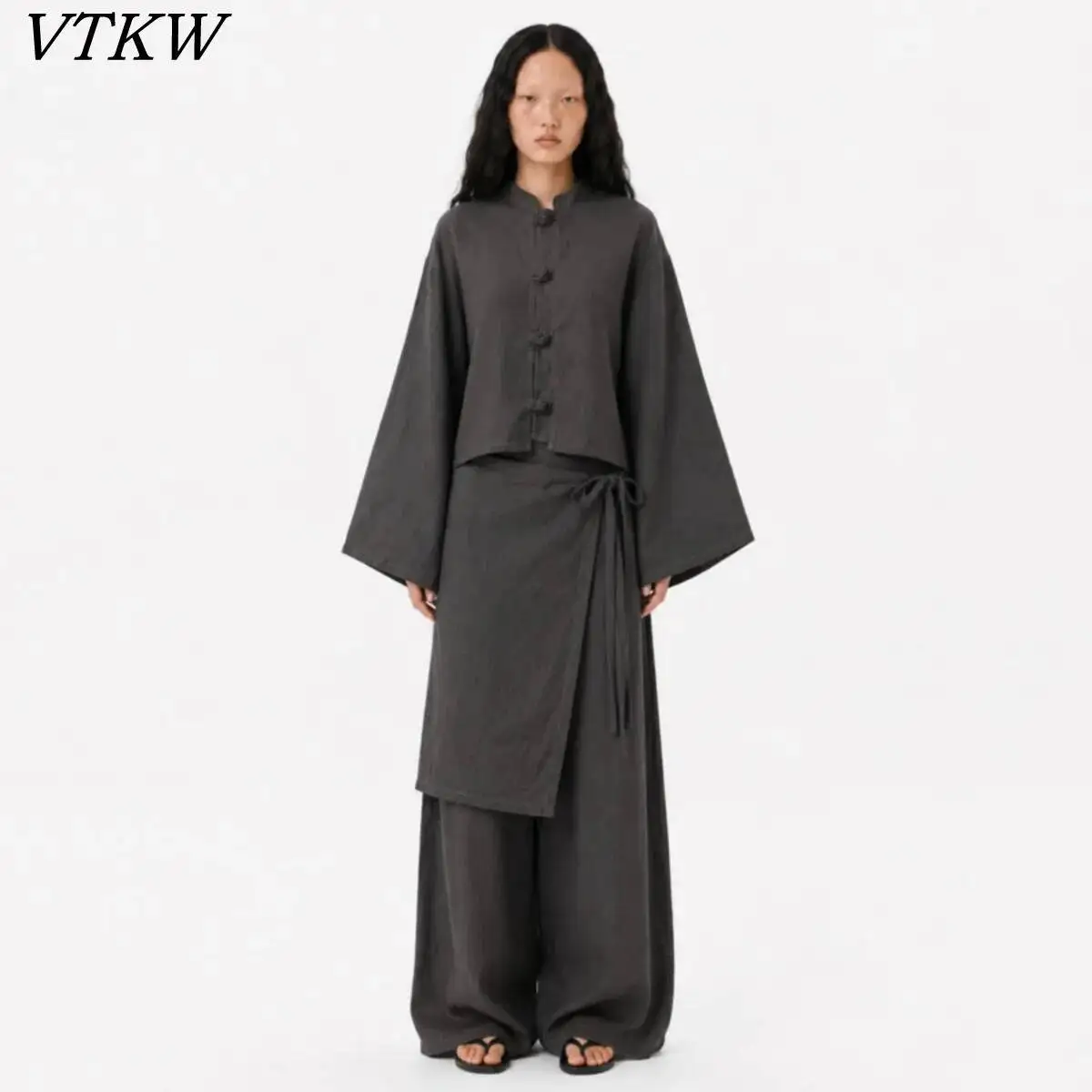 VTKW 2026 Women Two Piece Set Mandarin Collar Frog Button Wide Sleeve Cropped Top with Layered Wrap Wide Leg Pants Loose Outfit