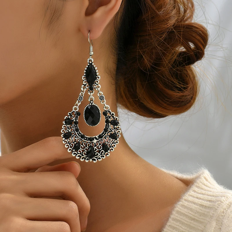 Ethnic Boho Women Drop Dangle Earrings Geometric Carved Hollow Bead Crystal Antique Silver Gold Color Bohemian Wedding Earrings