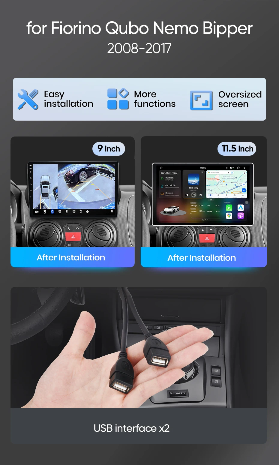 Junsun Android Auto Autoradio für Fiorino Qubo Nemo Bipper 2008 2009 2010 2011 2012-2017 Multimedia Wireless Apple CarPlay Smart Intelligent Systems IPS Touchscreen Stereo Video Player 2 Din Autoradio Head Unit Navigation BT GPS 4G WIFI FM AM DSP RDS SWC – Detail 2