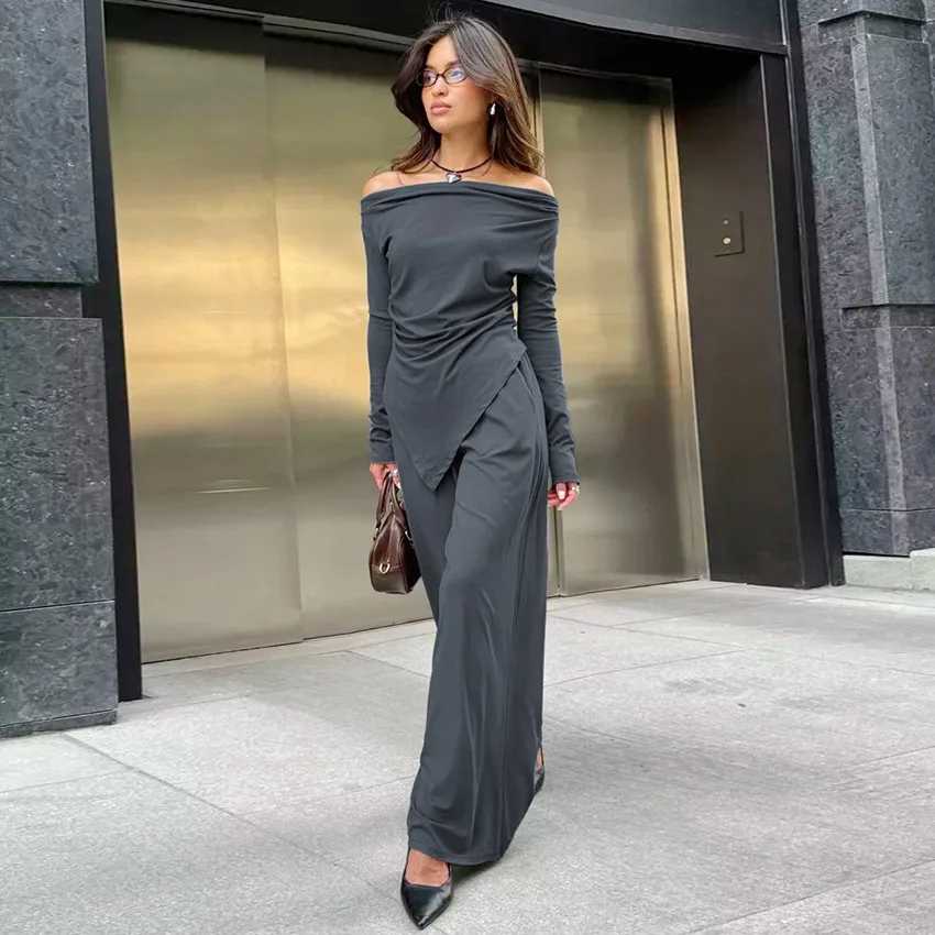 

Fashion Solid Color Trousers Suit Women 2025 Autumn Irregular Off-shoulder Shirt Top Elastic Waist Wide-leg Pants 2 Piece Suit