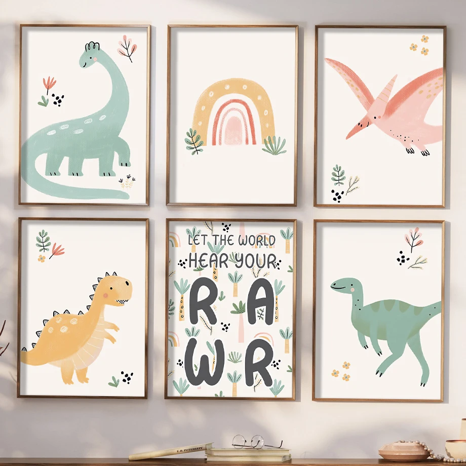 Cartoon Animals Poster Dinosaur Roar Rainbow Nursery Wall Art Print Canvas Painting Wall Pictures Baby Kids Room Home Decoration