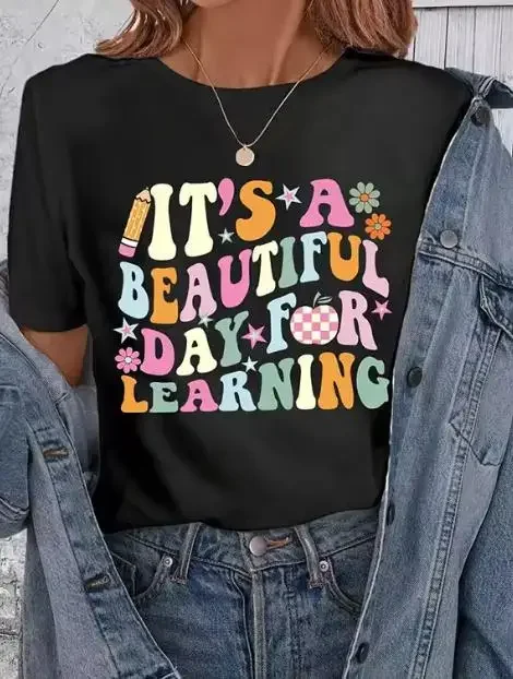 What A Beautiful Day To Try Again T-shirt Women Inspirational Letter Printed Graphic Tees 70s Retro Groovy Style  Casual Clothes