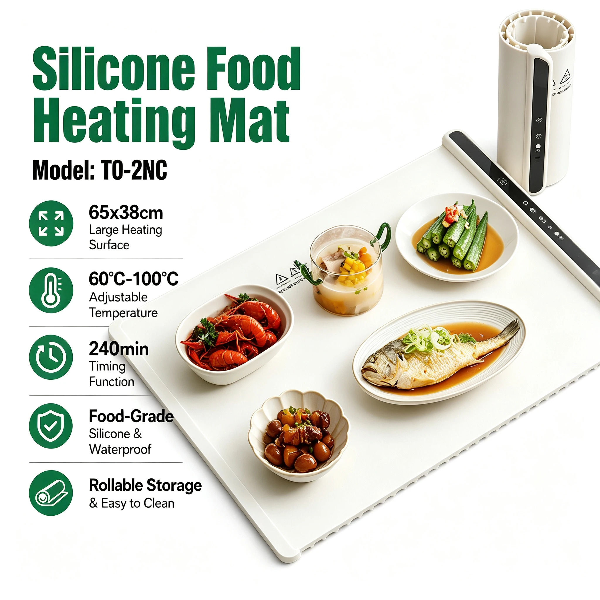 HoldPeak T0-2NC Silicone Warming Mat 240W 60-100°C 240min Timer 65\*38cm Waterproof Oilproof Temp Adjustable Heating Pad Kitchen
