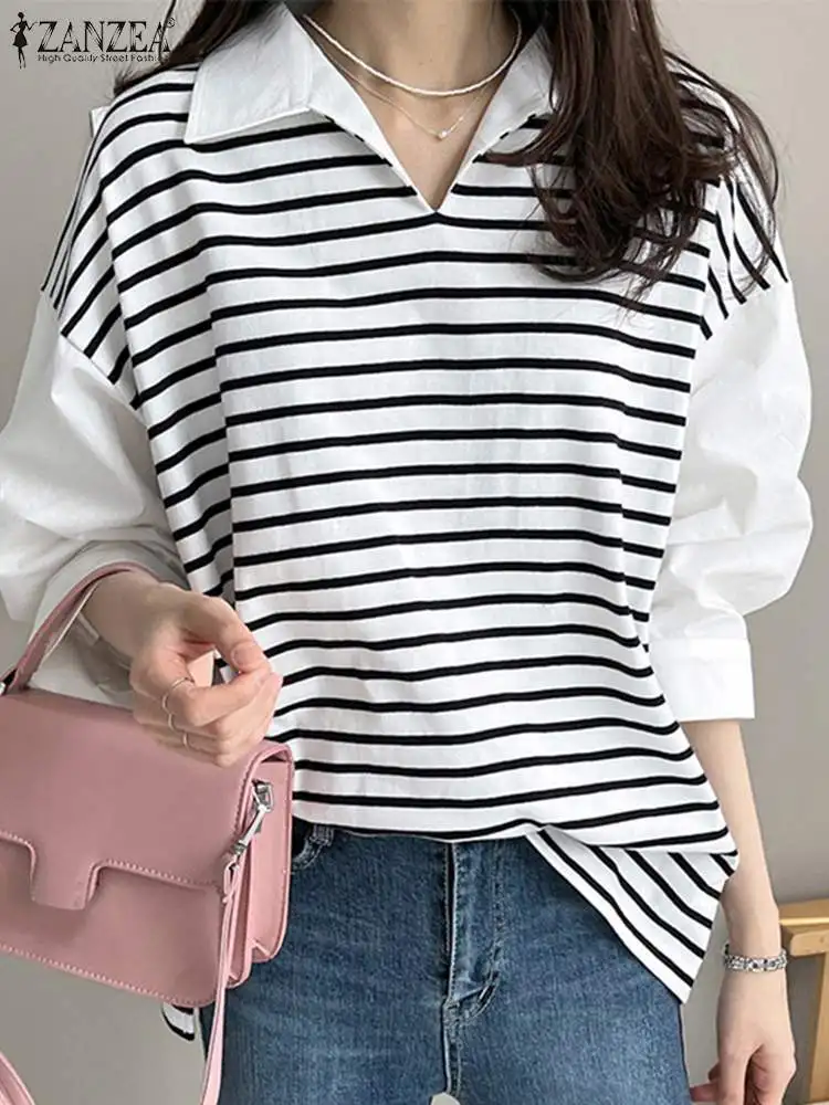 ZANZEA Fashion Lapel Neck 3/4 Sleeve Striped Patchwork Top Autumn Women Blouse Elegant Shirt Casual Fake Two Pieces Party Blusa